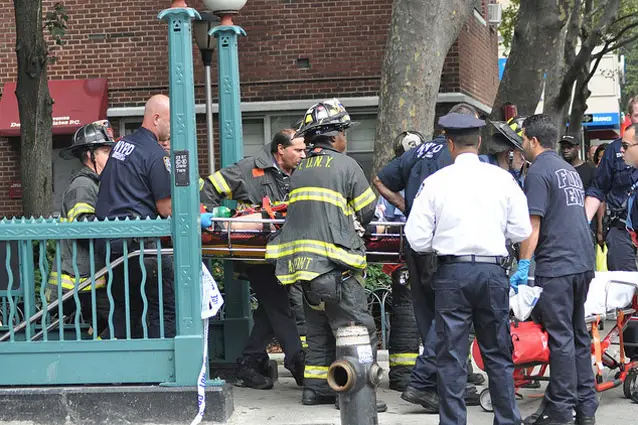 The scene near West 23rd Street yesterday when a man was fatally struck by an E train